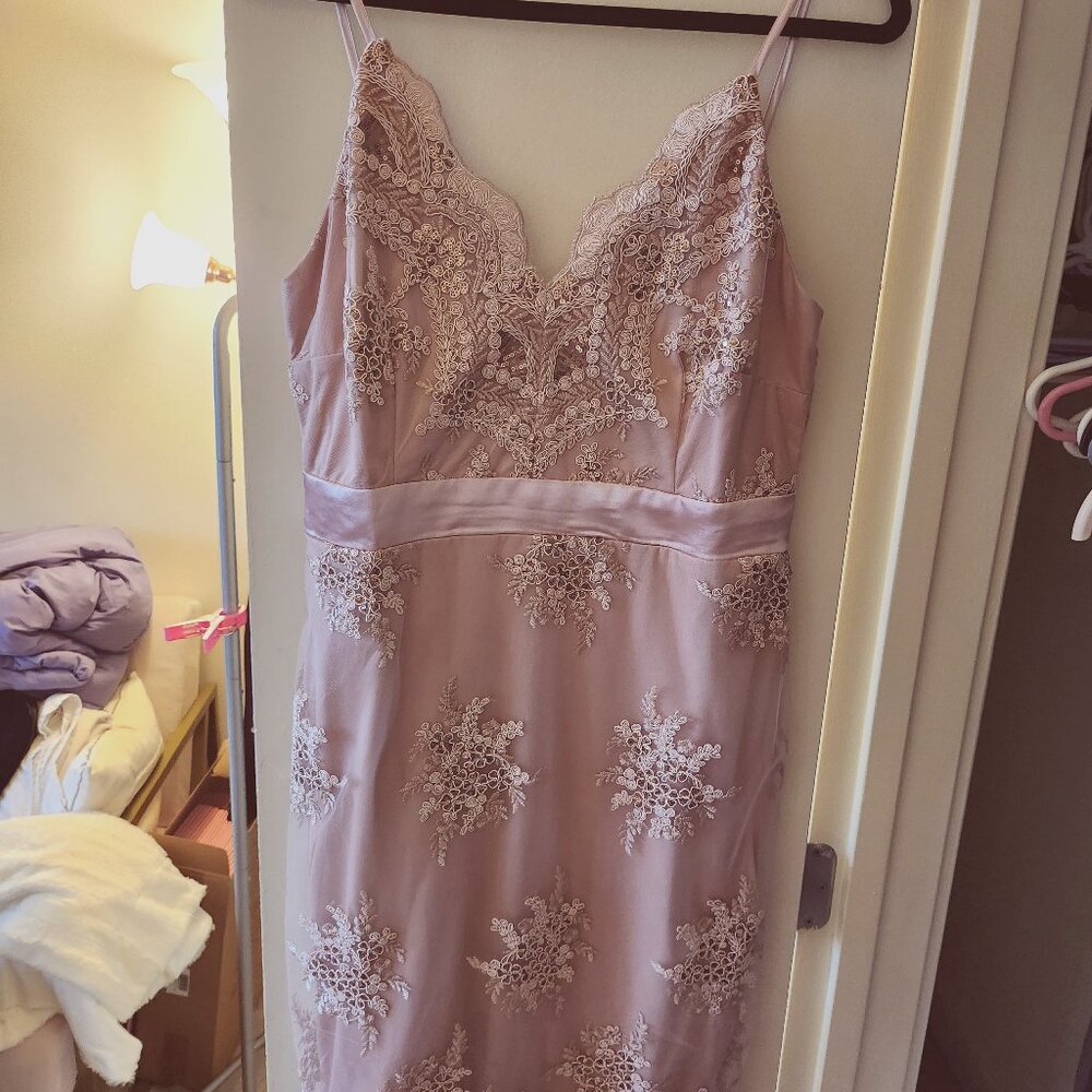Rose Pink Beaded Chiffon Lace Flower Cocktail Wedding Dress